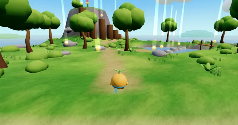 Screenshot of Pip's Bloom Isle: Pip the seed sprite on a sunny island path with trees and a pond