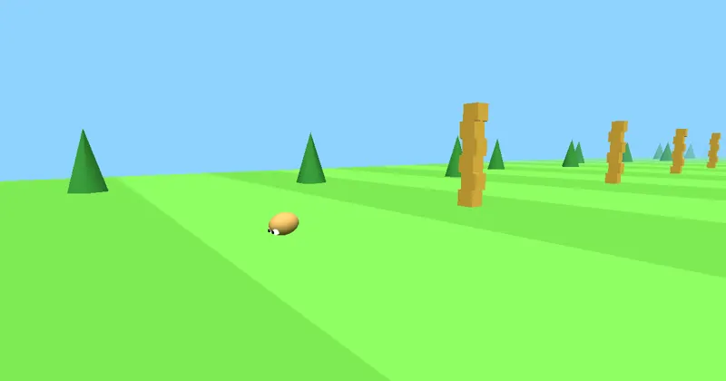 Screenshot of Spud Fling: a potato flying across a green field toward stacked crates